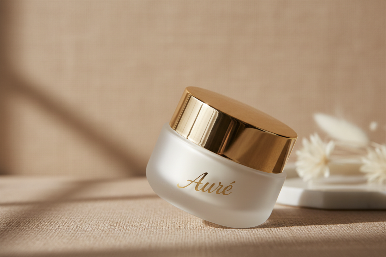 generate me a video of a slow pan of a cream with the brand name auré clearly visible